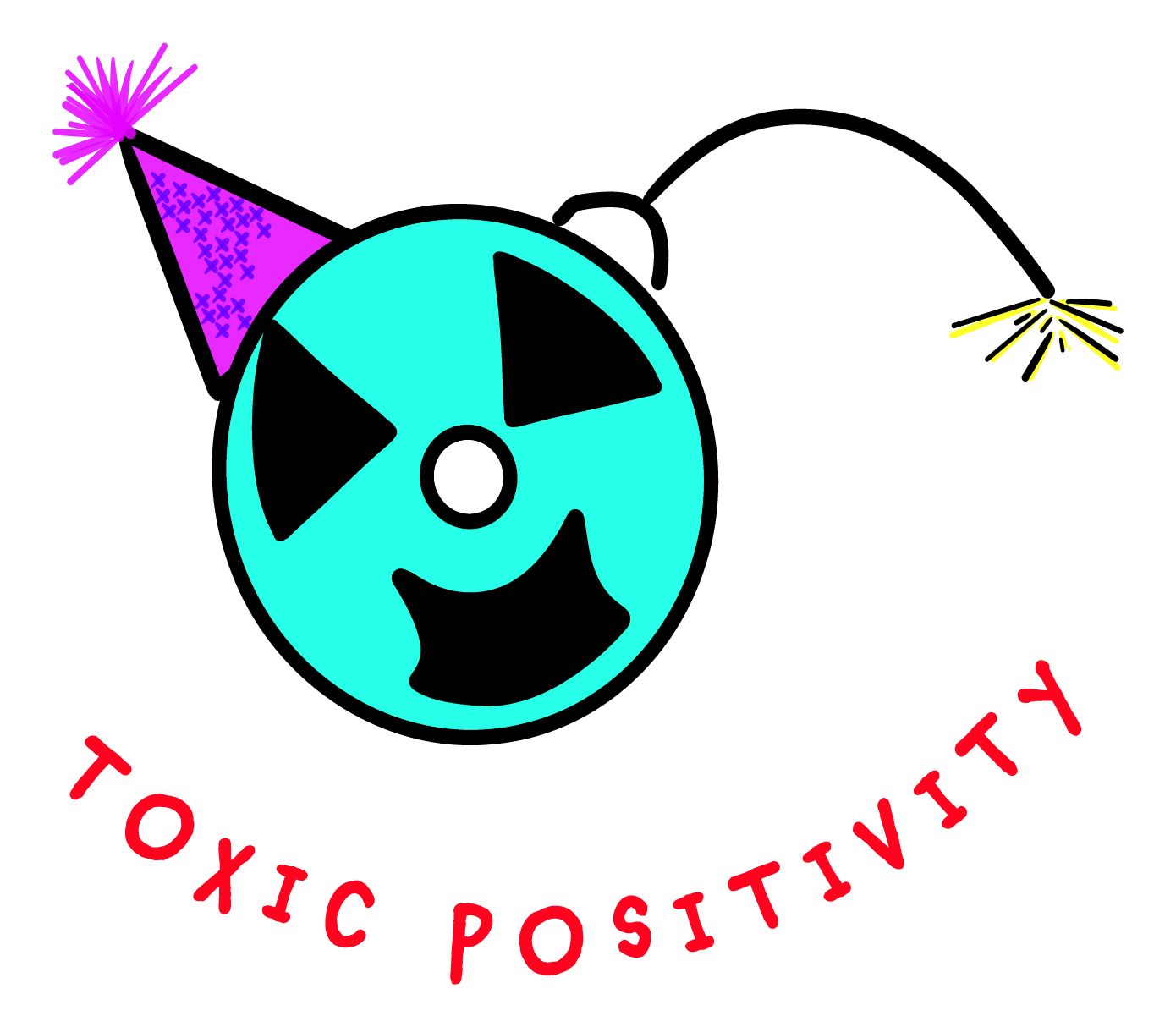 Toxic positivity illustration. An explosive device with a smiley face and a party hat.